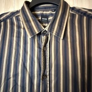 Boss Men's Navy and Beige Striped Shirt